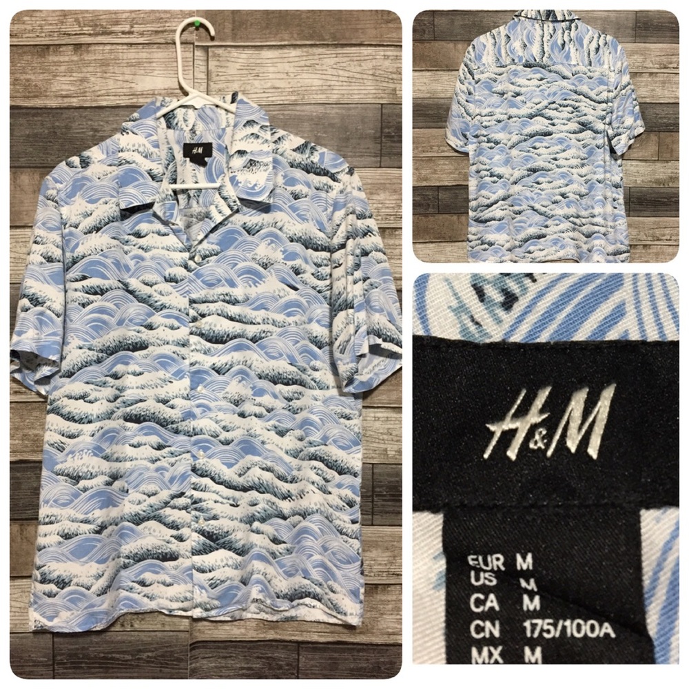 H&M Wave Pattern Button Up Shirt Men’s M Blue Casual 100% Lyocell